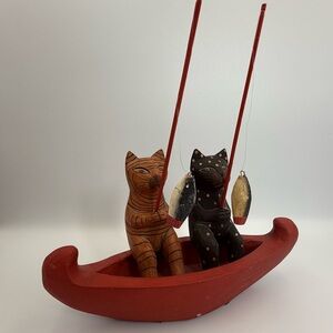 Whimsical Folk Art Cat Figurines Fishing On Boat Carved Wooden Painted
